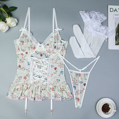 Floral Lace Stitching Lingerie Three Piece Set