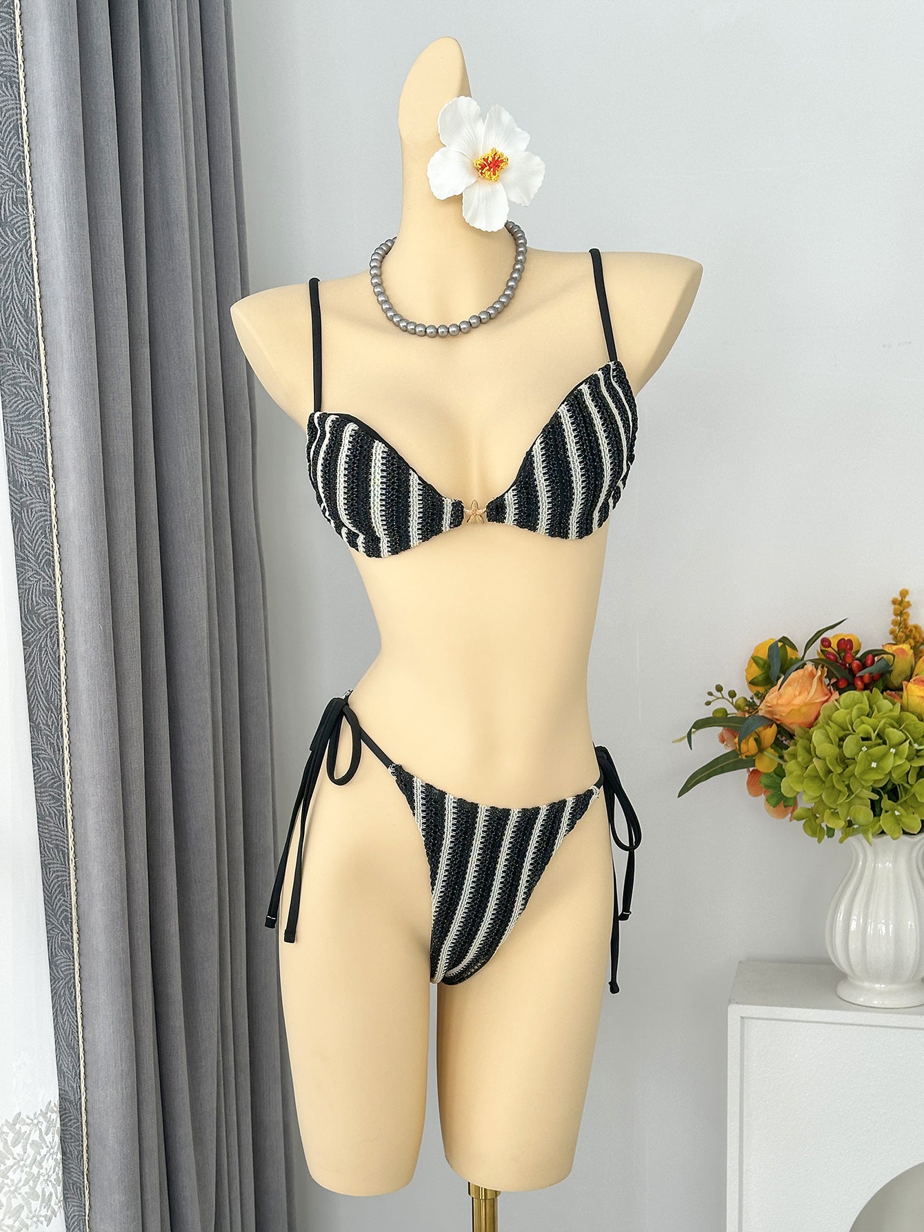Striped Halter Lace up Bikini Swimsuit MUNSIEUR