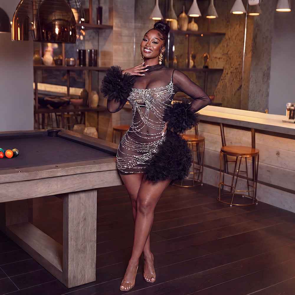 See through Rhinestone Sheath Long Sleeve Dress New Arrivals