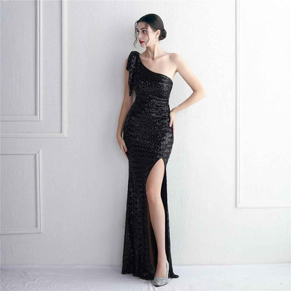 Sequined One Shoulder Appreciation Dinner Slim Fit Fishtail Wedding Dress