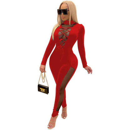 Sexy Lace Up Stitching See Through Long Sleeve Jumpsuit