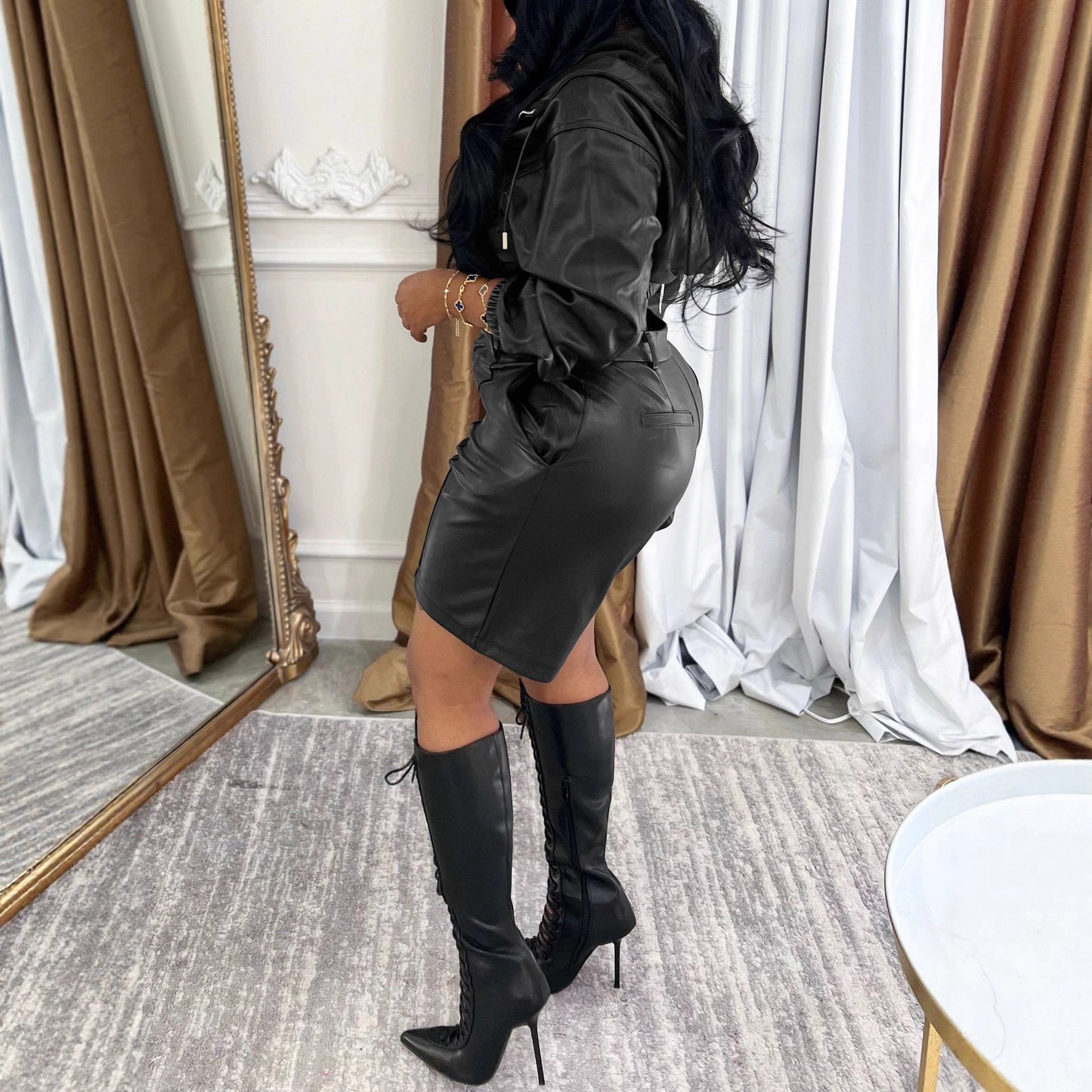 MUNSIEUR PU Leather Bottoms Set Long Sleeve with Zipper