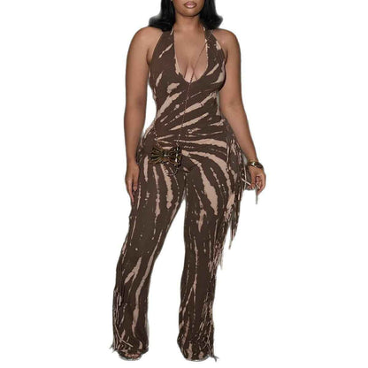 Elegant Sexy Slim Fit Stretch Backless Tassel Printed Halter Strap Micro Pull Jumpsuit