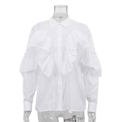 Ruffled Polo Collar Long Sleeve Blouse