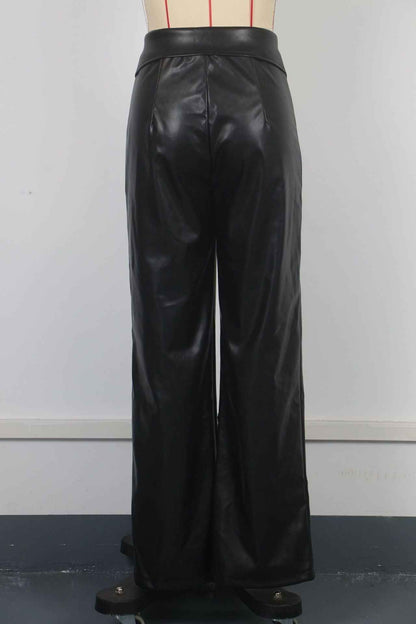 Faux Leather Nightclub Metal Zipper Straight Leather Jeans