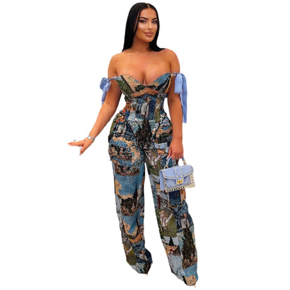 Women's Printed Romper Pattern Strap Drawstring Multi-pocket Bodysuit - Munsieur