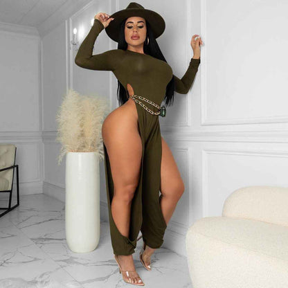 Sexy Open-Leg Jumpsuit Solid Color