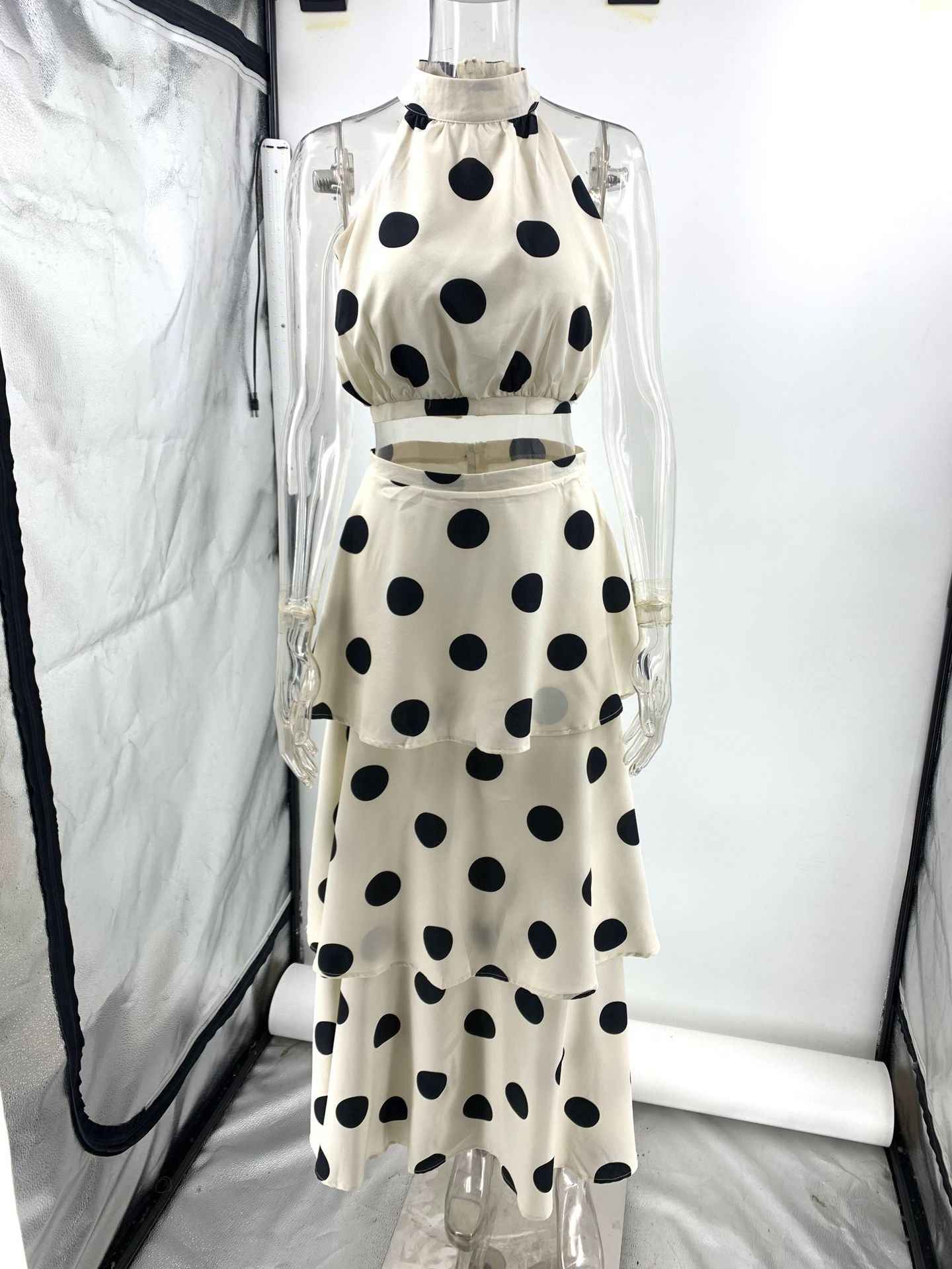 Polka Dot Halter Sleeveless and Skirt Two Piece Set
