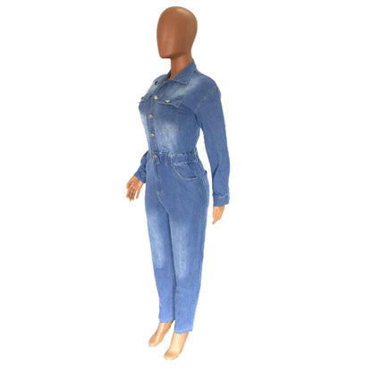 Women's Slim Elastic Band Washed Denim Jumpsuit