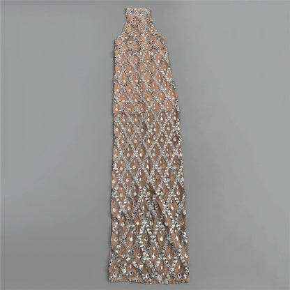 Rhinestone Halter Sleeveless Floor Dress