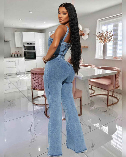 Denim Jumpsuit Women Slim Fit Stone Washed Suspender