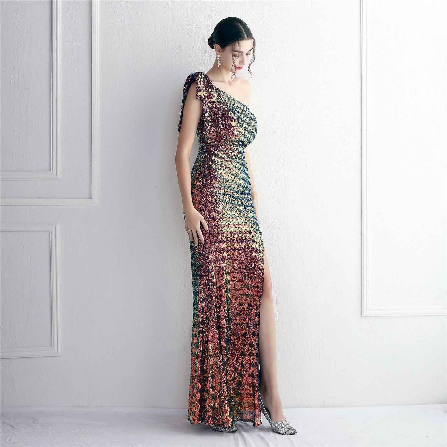 Sequined One Shoulder Appreciation Dinner Slim Fit Fishtail Wedding Dress