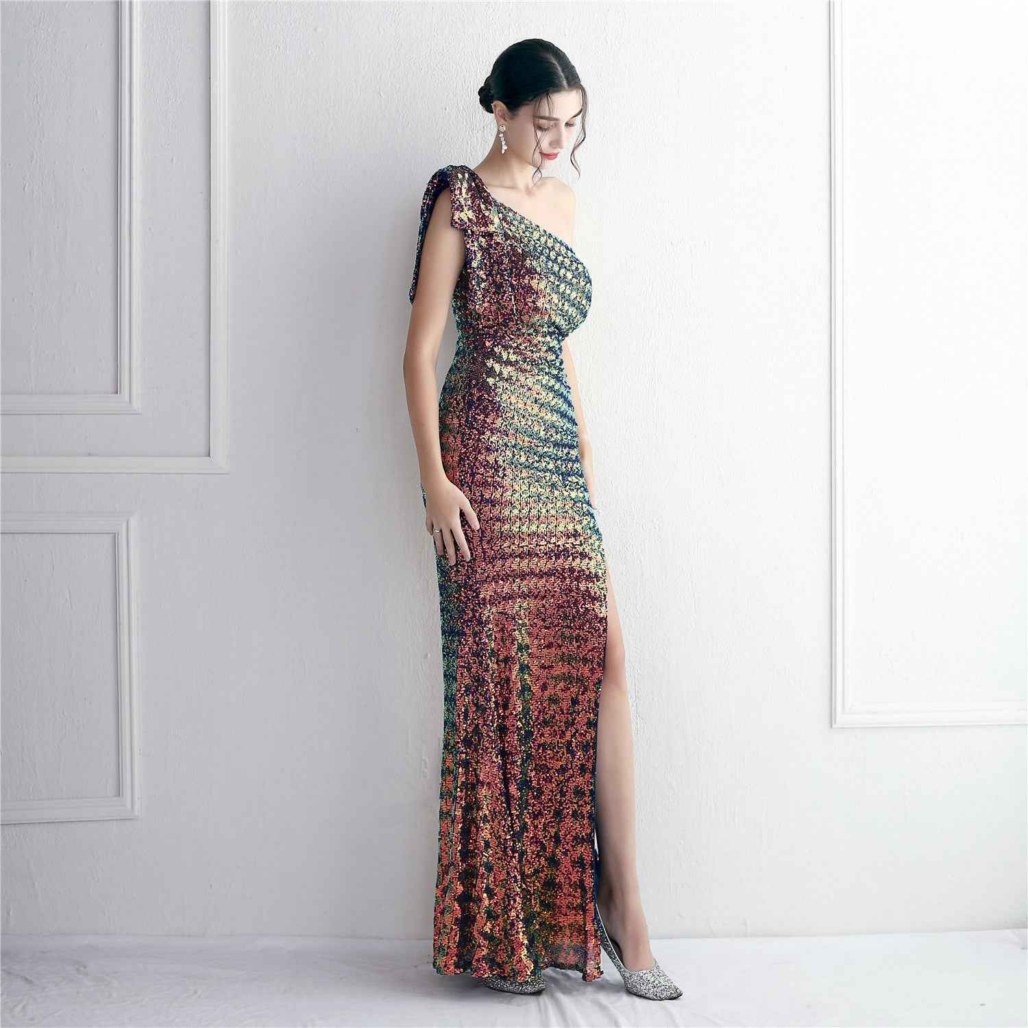 Sequined One Shoulder Appreciation Dinner Slim Fit Fishtail Wedding Dress