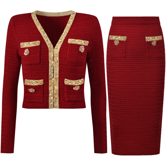 Women's Fashionable Knitted Sequin Bead Cardigan Sweater Set + Hip Skirt