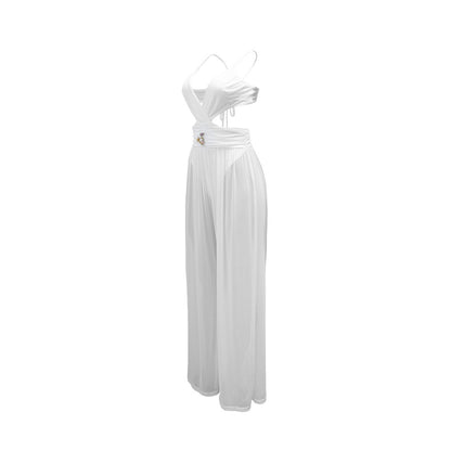 Sexy V neck Lace up Backless See through Sexy Jumpsuit Women