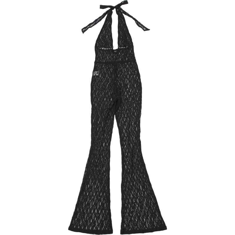 See Through Lace Up Backless Jumpsuit