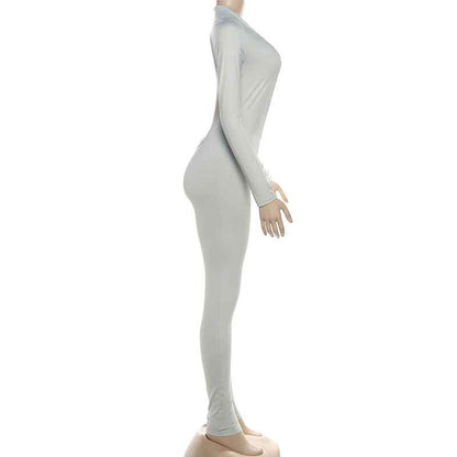 Backless Deep V Plunge Long Sleeve Solid Color Jumpsuit