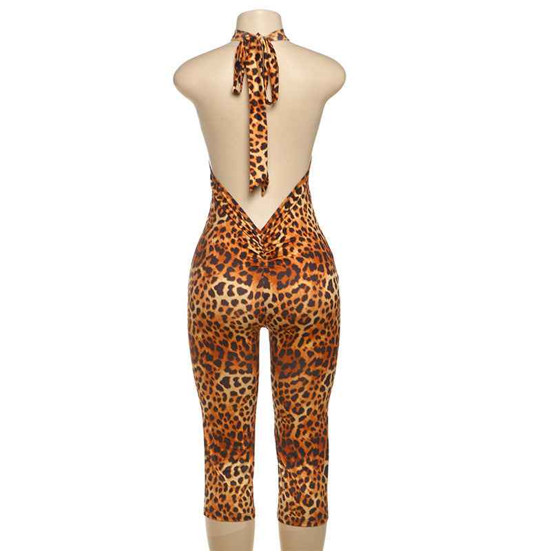 Summer Sexy Backless Halter Lace up Leopard Print Jumpsuit for Women