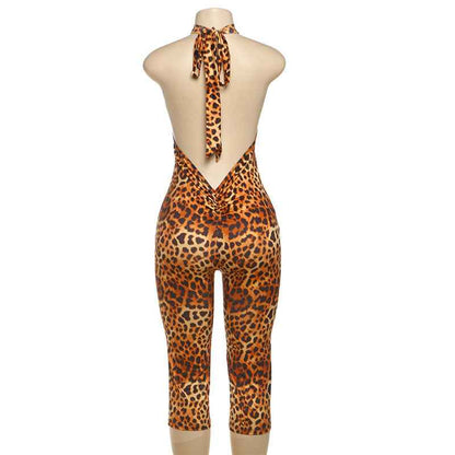 Summer Sexy Backless Halter Lace up Leopard Print Jumpsuit for Women