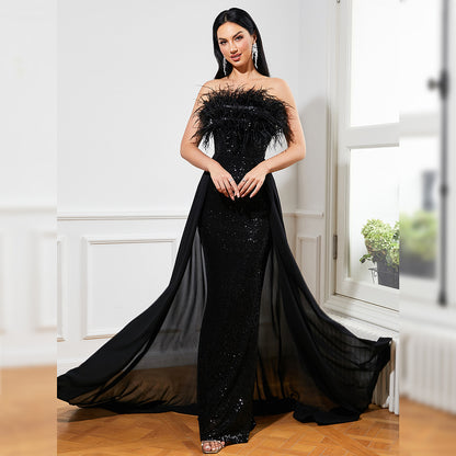 Sequined Sleeveless Feather Backless Cocktail Evening Dress