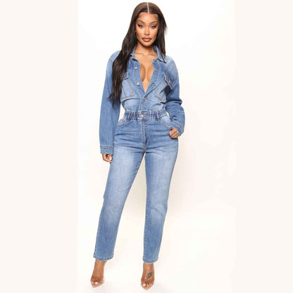 Women's Slim Elastic Band Washed Denim Jumpsuit