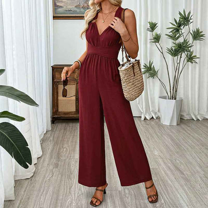 Women Clothing Elegant Cross Backless Lace up Sleeveless Long Wide Leg Jumpsuit