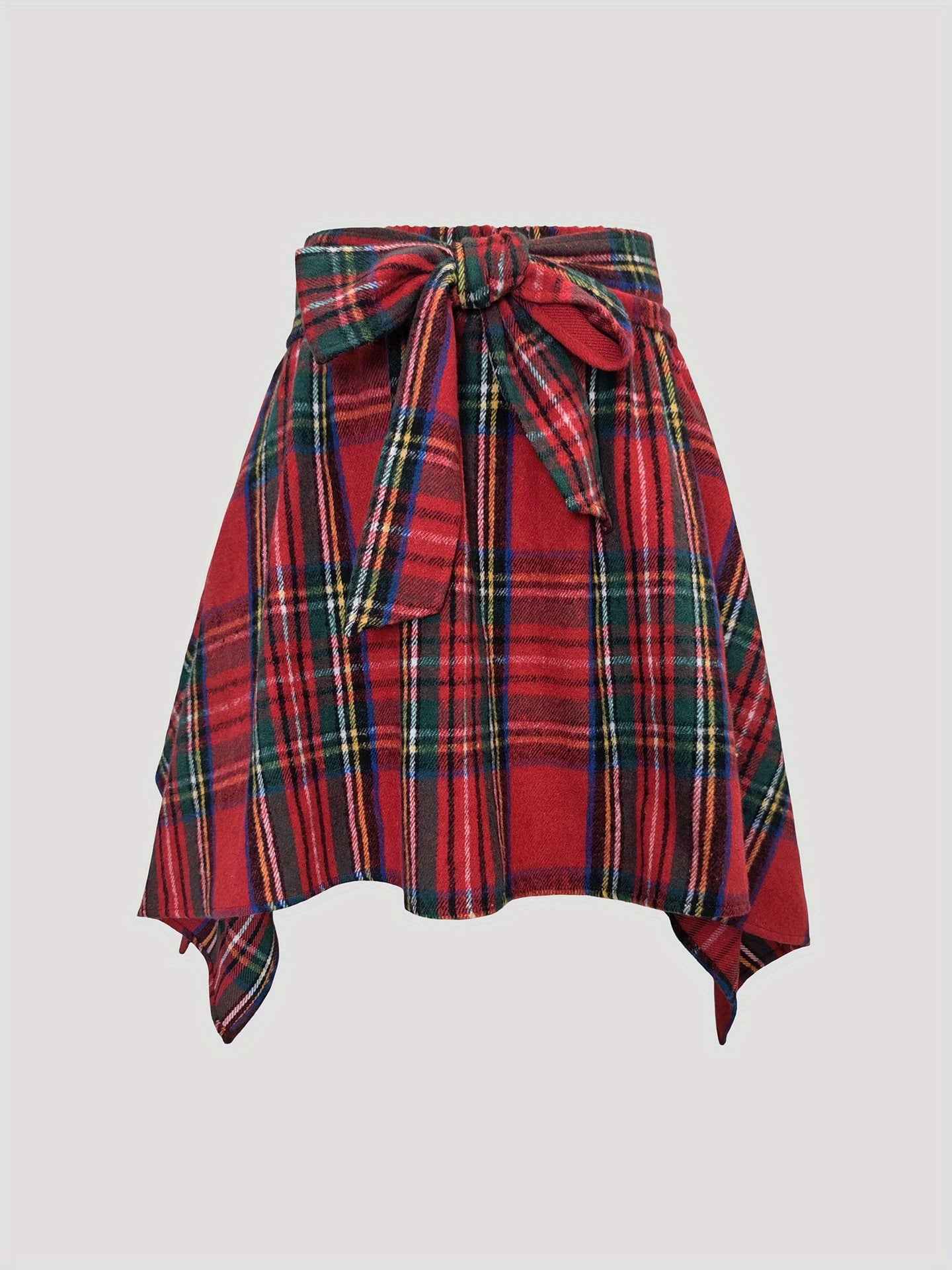 Asymmetric Hem Skirt Plaid Bow Bandage Mini Skirt