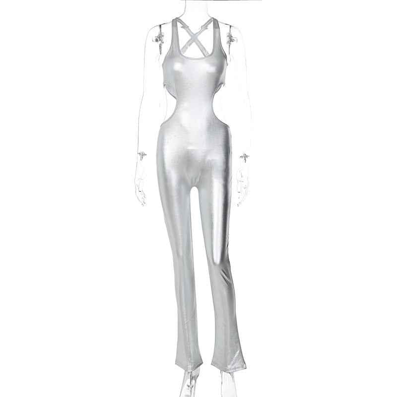 Faux Leather Sexy Cutout Backless Slim Fit Sling Jumpsuit (Medium Only)