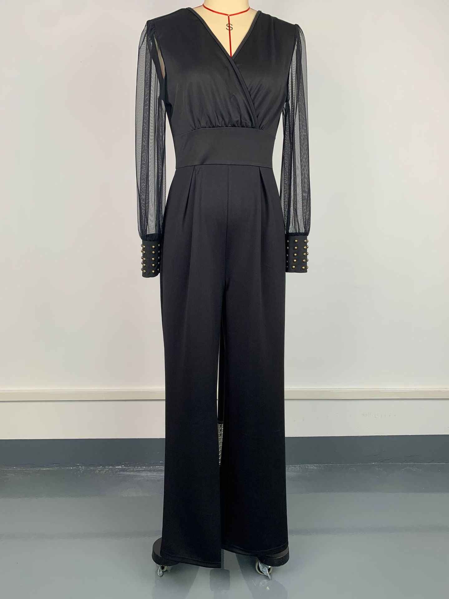 V neck Mesh Stitching Rivet Long Sleeve Loose Jumpsuit