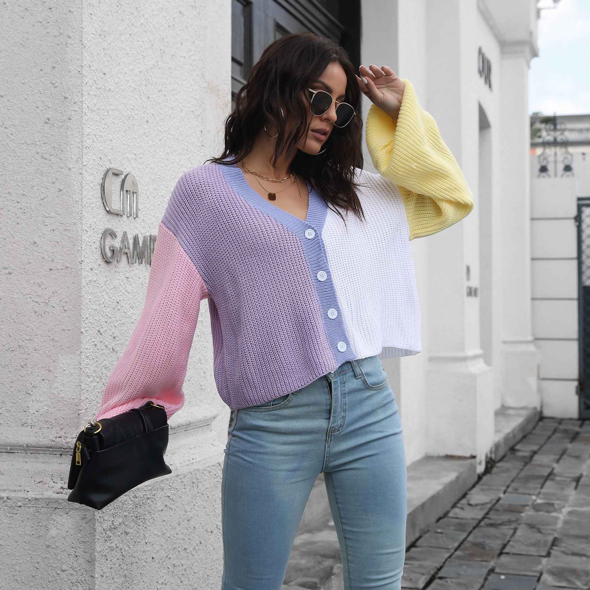Knitted Cardigan Contrast Color Sweater