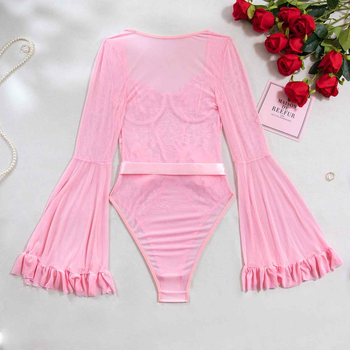 Lace Stitching Elastic Mesh Flared Bodysuit