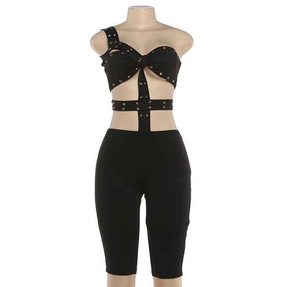 Unique Rivet Sexy Cutout Tight Five Point Jumpsuit