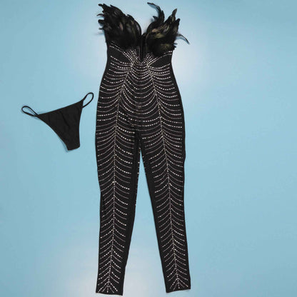 Sexy Feather Rhinestone Slim Fit Sheath Sleeveless Jumpsuit