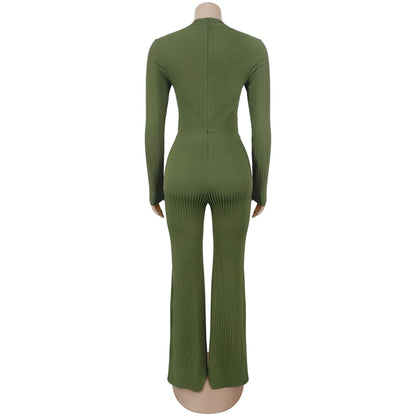 Autumn Drop Sunken Stripe Hollow Out Casual Jumpsuit for Women MUNSIEUR