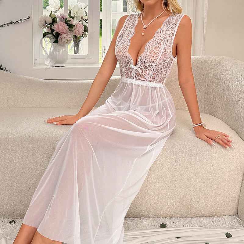 Sexy Thin Transparent Mesh Deep V Plunge Lace Lingerie Set