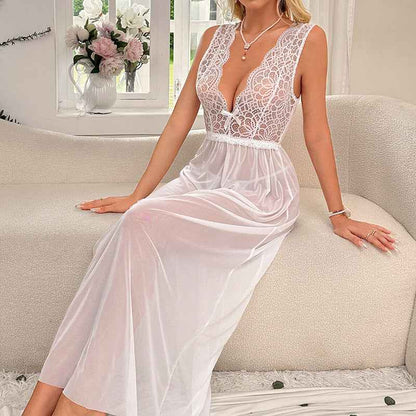 Sexy Thin Transparent Mesh Deep V Plunge Lace Lingerie Set