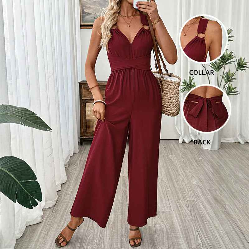 Women Clothing Elegant Cross Backless Lace up Sleeveless Long Wide Leg Jumpsuit