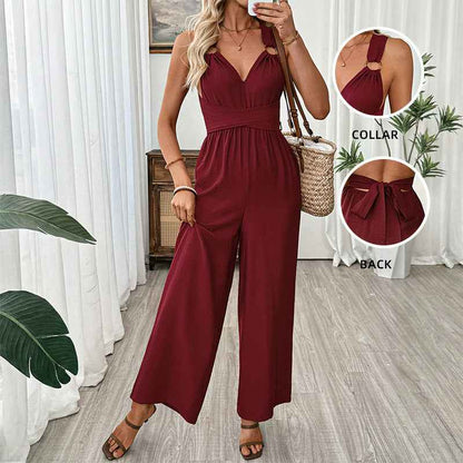 Women Clothing Elegant Cross Backless Lace up Sleeveless Long Wide Leg Jumpsuit