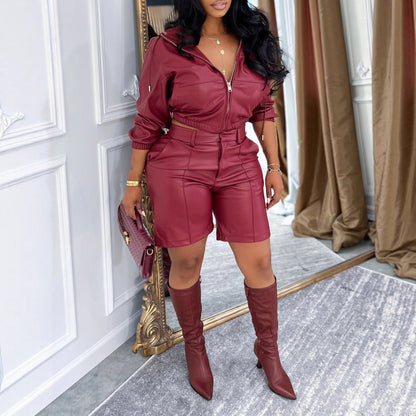 MUNSIEUR PU Leather Bottoms Set Long Sleeve with Zipper