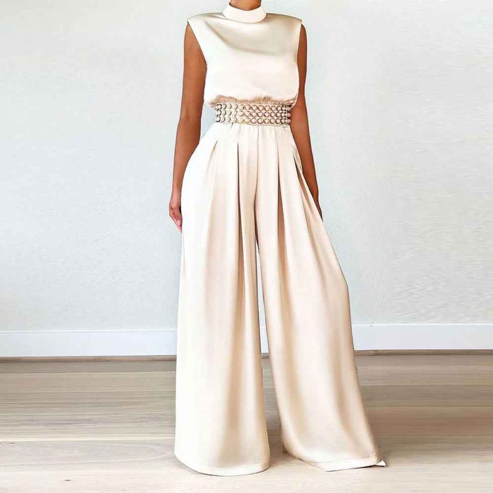 Solid Color Turtleneck Sleeveless Fitted Waist Jumpsuit No Belt