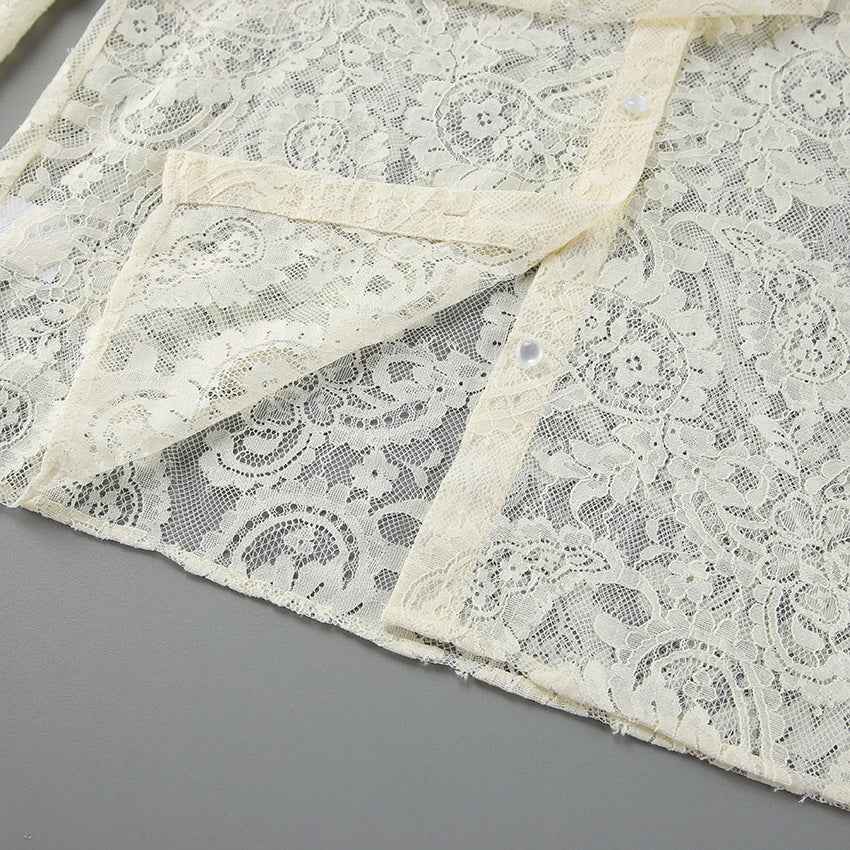 French Ribbon See through Cutout Blouse
