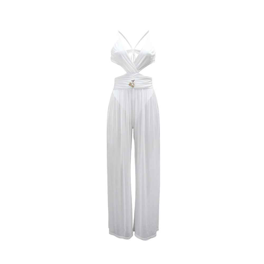 Sexy V neck Lace up Backless See through Sexy Jumpsuit Women