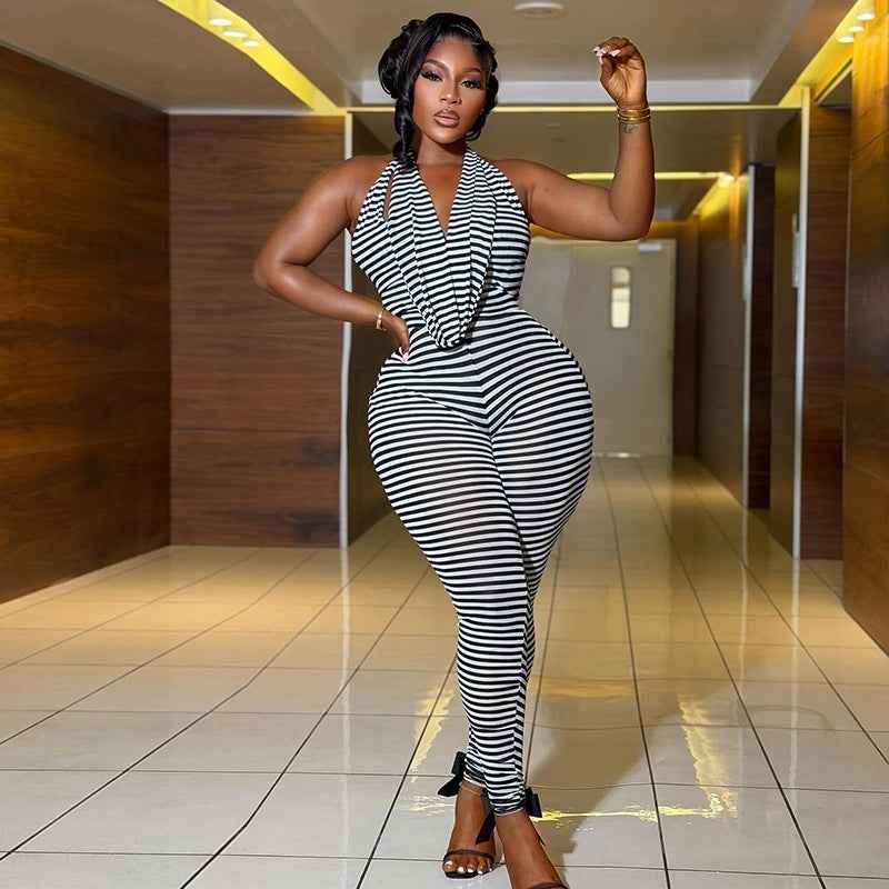 Striped Jumpsuit Swing Collar