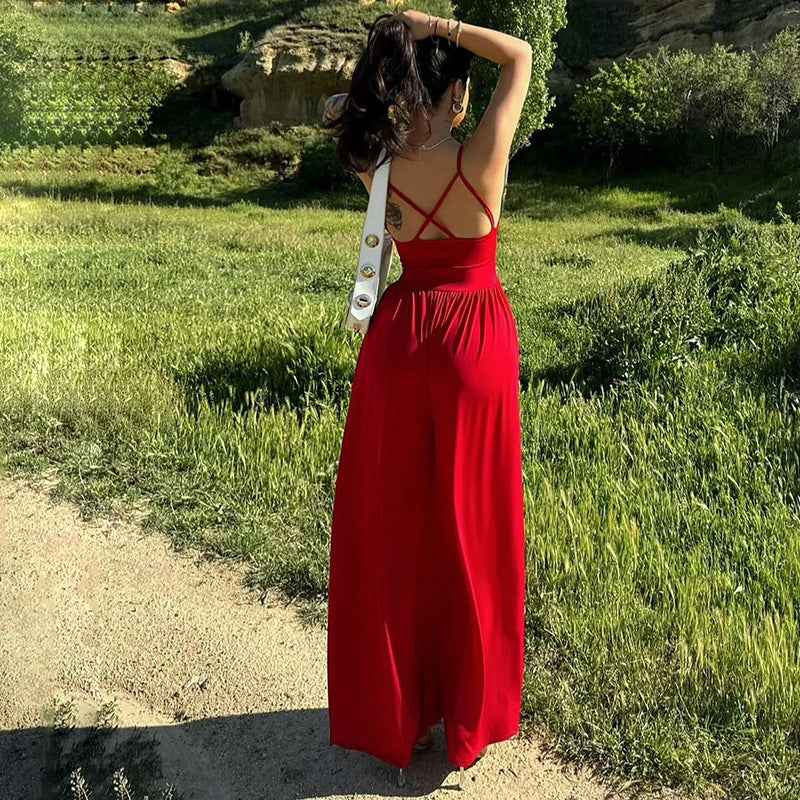Women Summer Sexy Backless Spaghetti Straps Loose Jumpsuit
