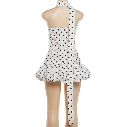 Summer Women Sexy Polka Dot Print Ribbon Waist Tight Sheath Dress