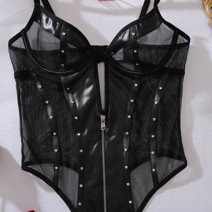 See through Mesh Patchwork Faux Leather Slim Fit Rivets Lingerie