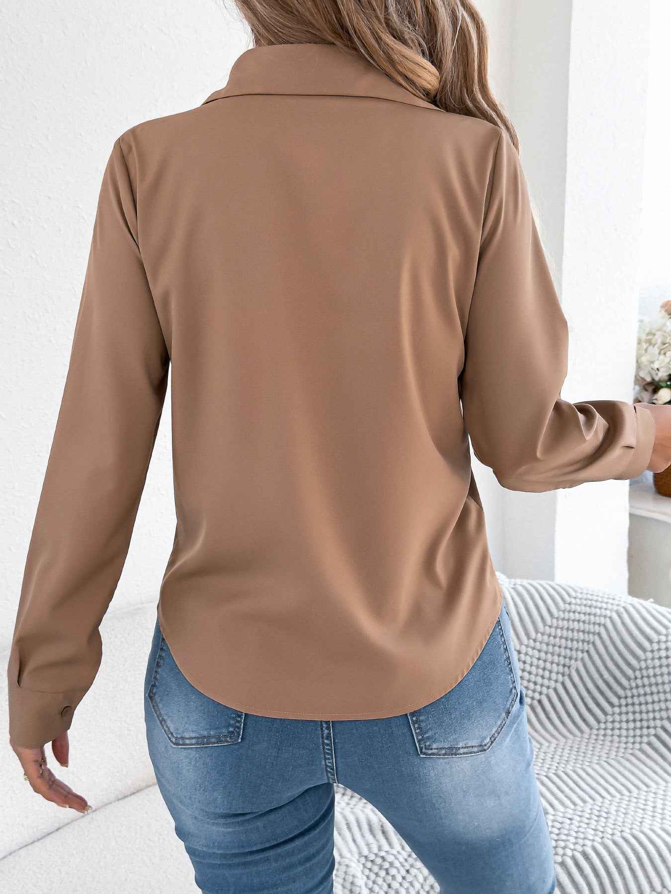 Elegant Pleated Solid Color Button Blouse