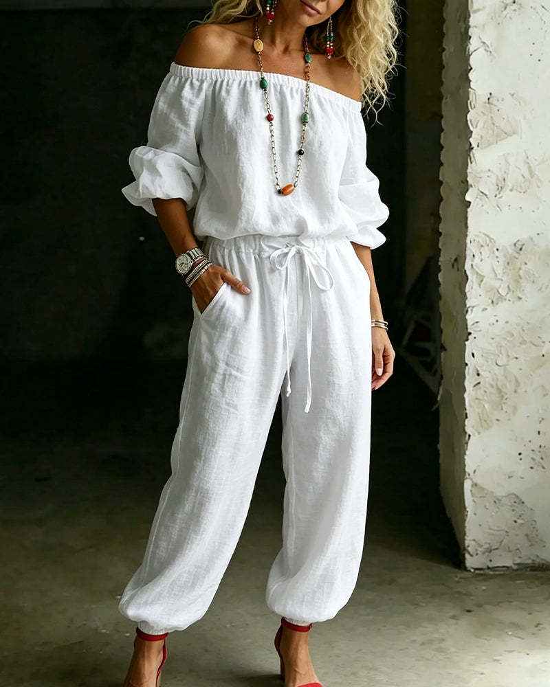 Summer Off Shoulder Top Casual Drawstring Jumpsuit for Women