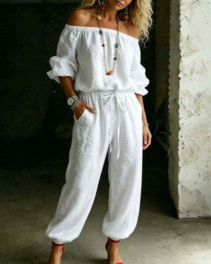 Summer Off Shoulder Top Casual Drawstring Jumpsuit for Women