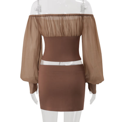 MUNSIEUR Off Shoulder Retro Mesh Skirt Set
